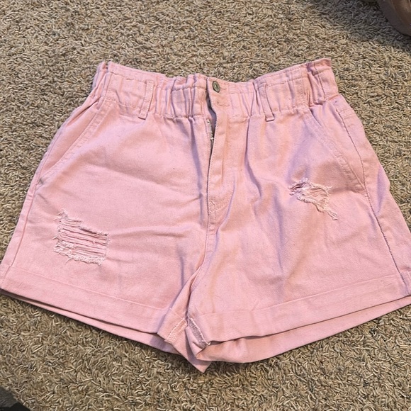 Pink denim elastic shorts - Picture 1 of 3